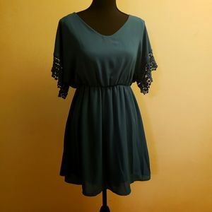 Blue crochet trim sleeve casual midi dress 👗